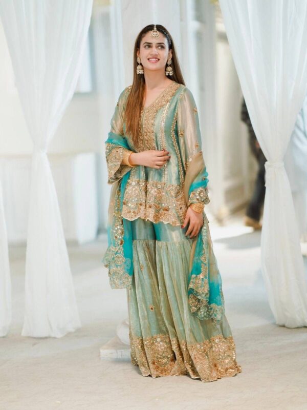 sea green embroidered sharara suit with dupatta for women wedding party wear for women festive wear