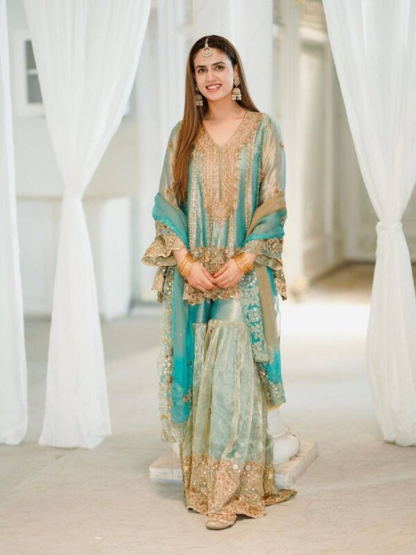 sea green embroidered sharara suit with dupatta for women wedding party wear for women festive wear