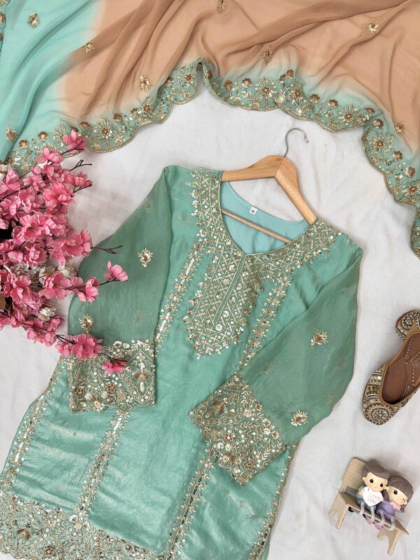 sea green embroidered sharara suit with dupatta for women wedding party wear for women festive wear