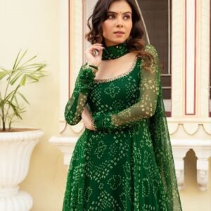 green bandhani anarkali suit with dupatta for women festive ethnic wear for women festive wear