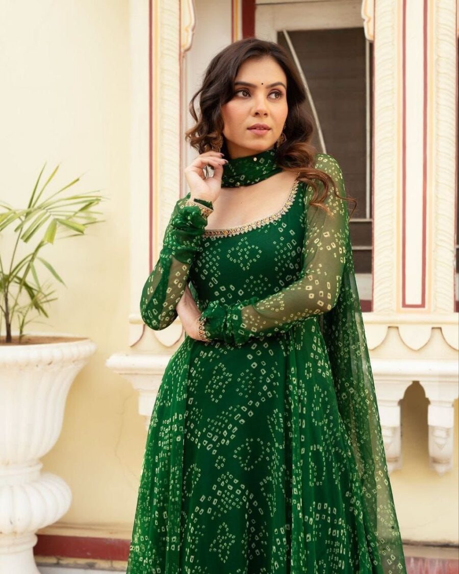 green bandhani anarkali suit with dupatta for women festive ethnic wear for women festive wear