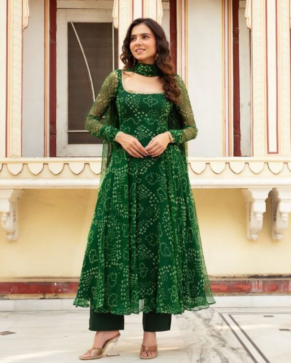 green bandhani anarkali suit with dupatta for women festive ethnic wear for women festive wear