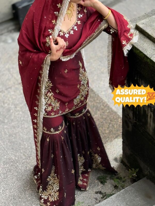 wine and cream embroidered sharara suit with dupatta for women wedding festive wear for women festive wear