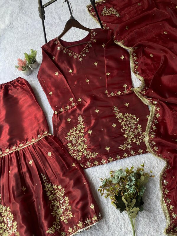 wine and cream embroidered sharara suit with dupatta for women wedding festive wear for women festive wear