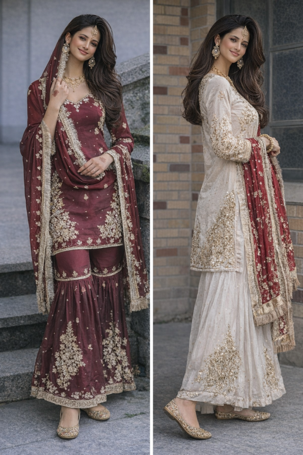 wine and cream embroidered sharara suit with dupatta for women wedding festive wear for women festive wear