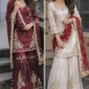 wine and cream embroidered sharara suit with dupatta for women wedding festive wear for women festive wear