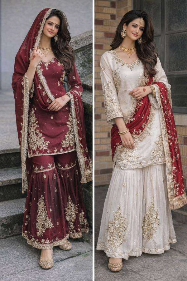 wine and cream embroidered sharara suit with dupatta for women wedding festive wear for women festive wear
