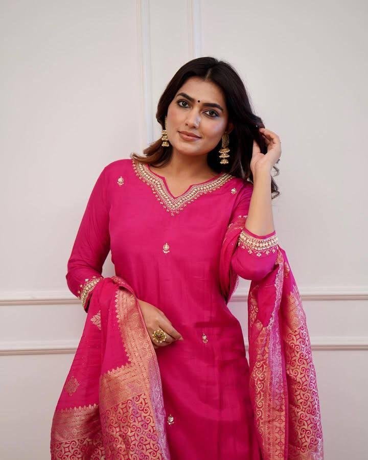 pink ethnic suit with jacquard dupatta for women festive traditional wear for women festive wear