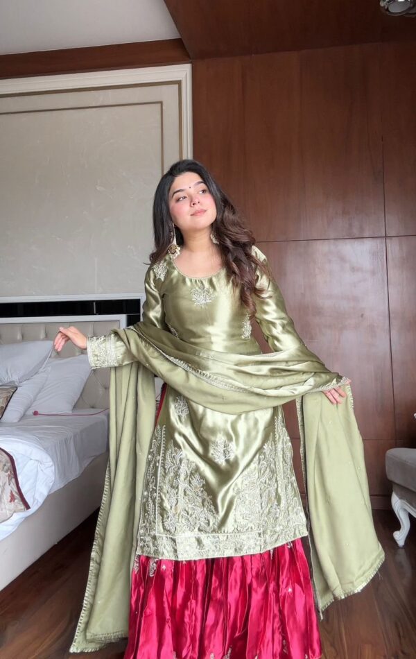 olive green silk kurta with red flared lehenga skirt embroidered festive wear for women festive wear