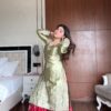 olive green silk kurta with red flared lehenga skirt embroidered festive wear for women festive wear
