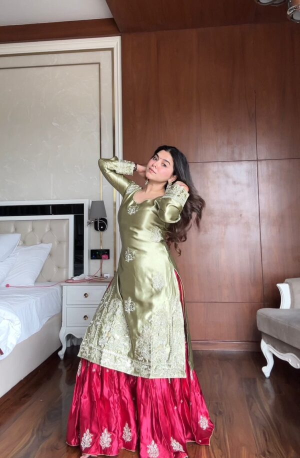 olive green silk kurta with red flared lehenga skirt embroidered festive wear for women festive wear