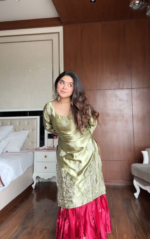 olive green silk kurta with red flared lehenga skirt embroidered festive wear for women festive wear
