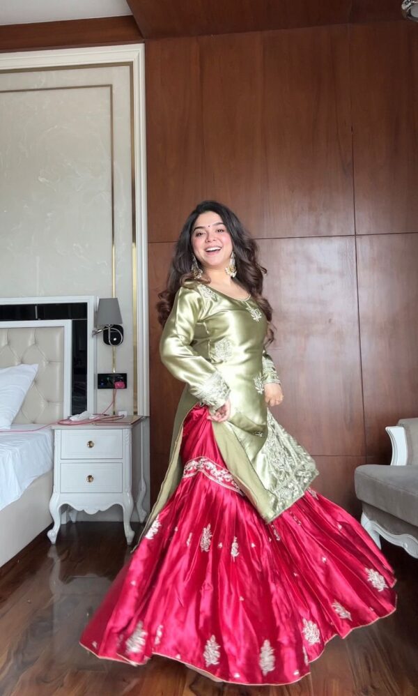 olive green silk kurta with red flared lehenga skirt embroidered festive wear for women festive wear