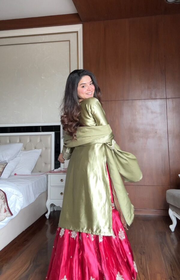 olive green silk kurta with red flared lehenga skirt embroidered festive wear for women festive wear