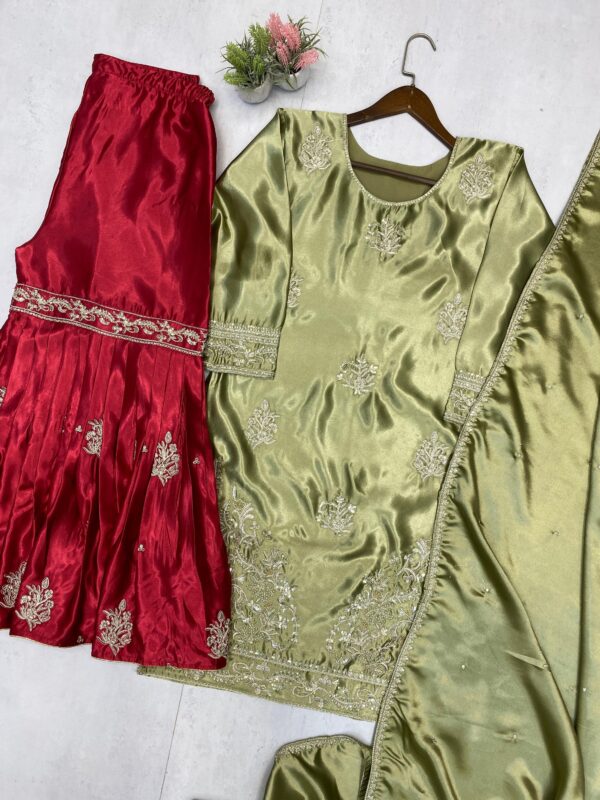 olive green silk kurta with red flared lehenga skirt embroidered festive wear for women festive wear