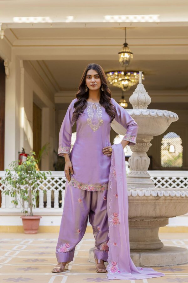 Lavender Japan satin Embroidered Kurta Set with Dupatta – Elegant Festive Wear for women festive wear