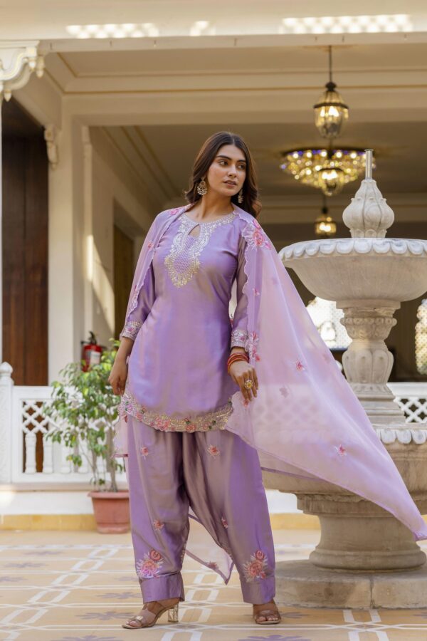 Lavender Japan satin Embroidered Kurta Set with Dupatta – Elegant Festive Wear for women festive wear