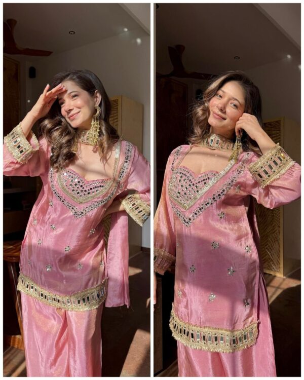 pink chinon silk kurta set with mirror work embroidery and dupatta for women festive wear for women festive wear