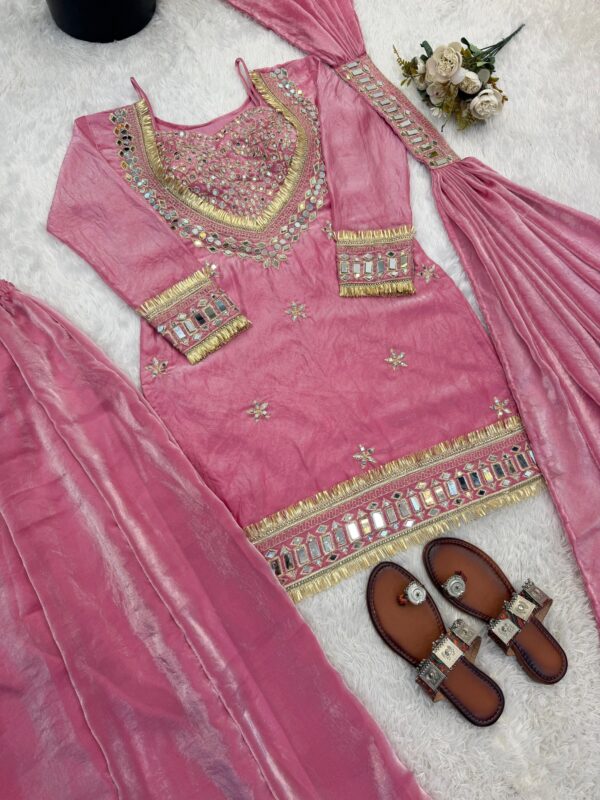 pink chinon silk kurta set with mirror work embroidery and dupatta for women festive wear for women festive wear