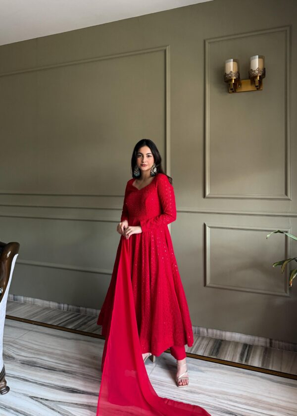 Red Elegant Lucknowi Georgette Anarkali Suit Set for women festive wear
