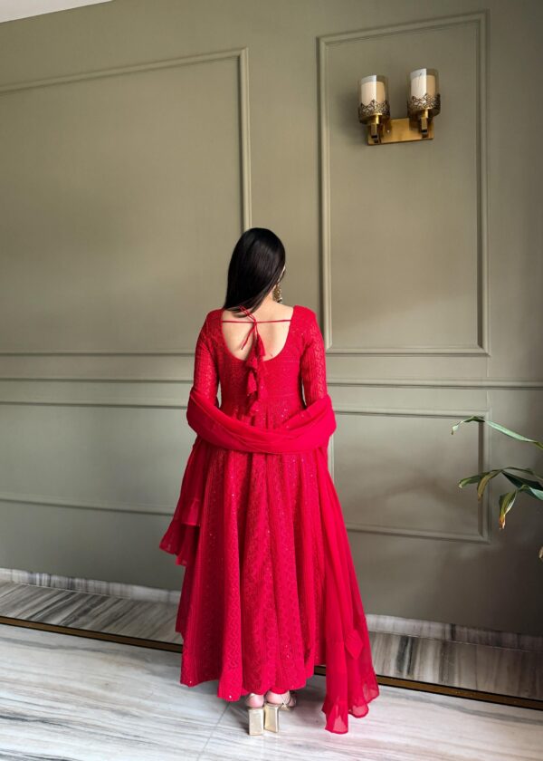 Red Elegant Lucknowi Georgette Anarkali Suit Set for women festive wear