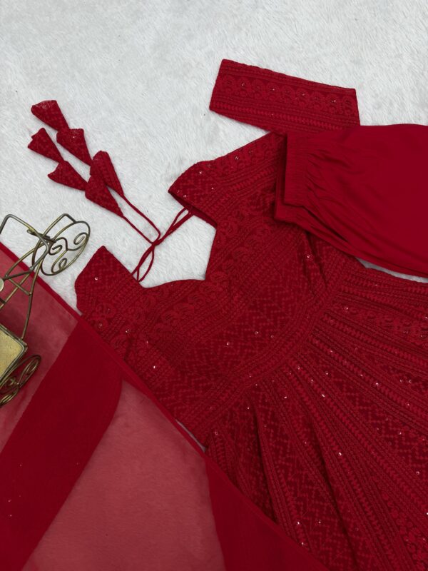 Red Elegant Lucknowi Georgette Anarkali Suit Set for women festive wear