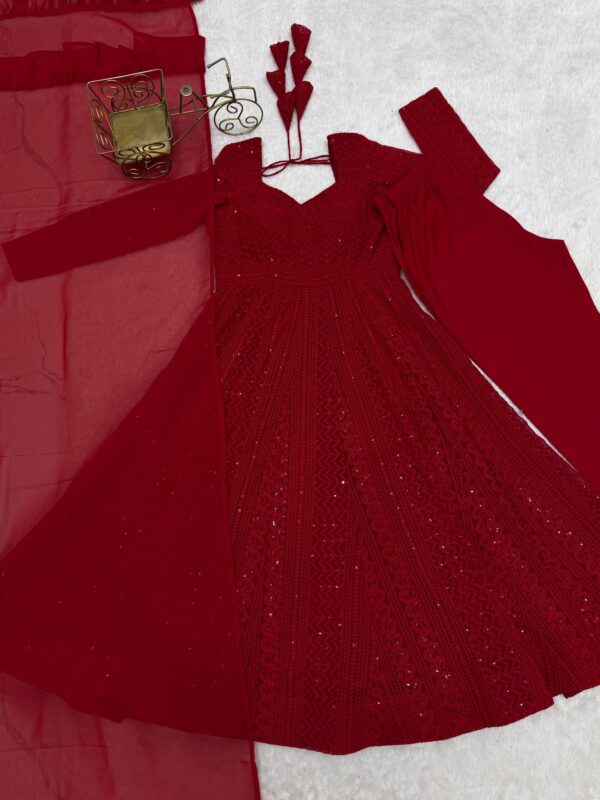 Red Elegant Lucknowi Georgette Anarkali Suit Set for women festive wear