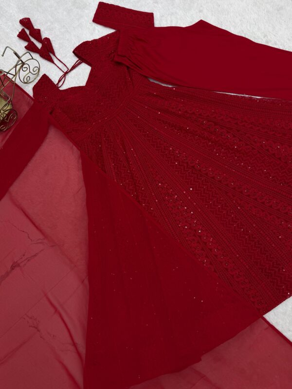 Red Elegant Lucknowi Georgette Anarkali Suit Set for women festive wear