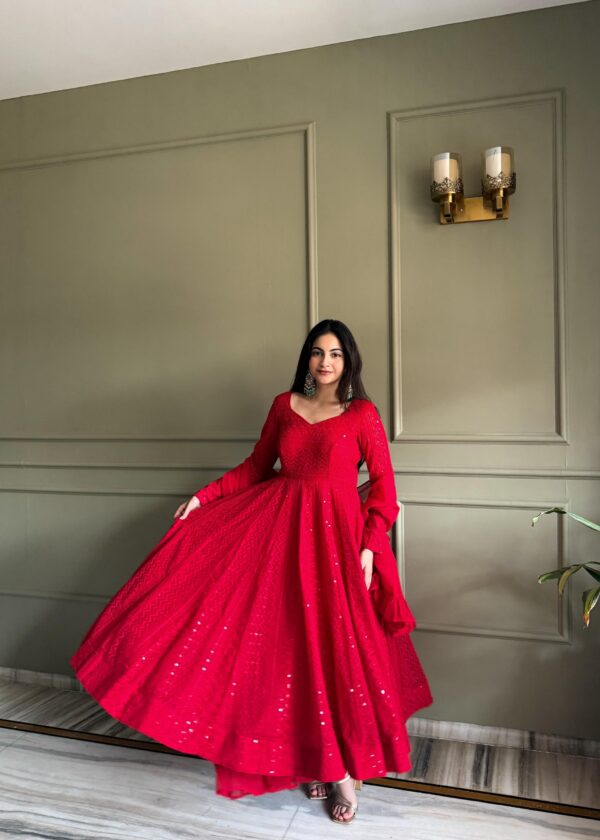 Red Elegant Lucknowi Georgette Anarkali Suit Set for women festive wear
