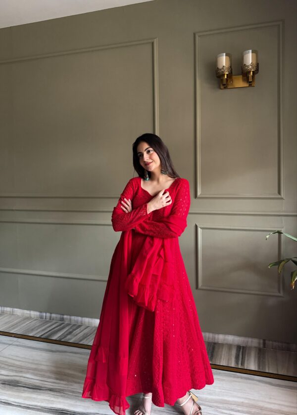 Red Elegant Lucknowi Georgette Anarkali Suit Set for women festive wear