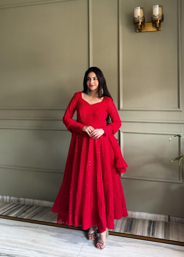 Red Elegant Lucknowi Georgette Anarkali Suit Set for women festive wear