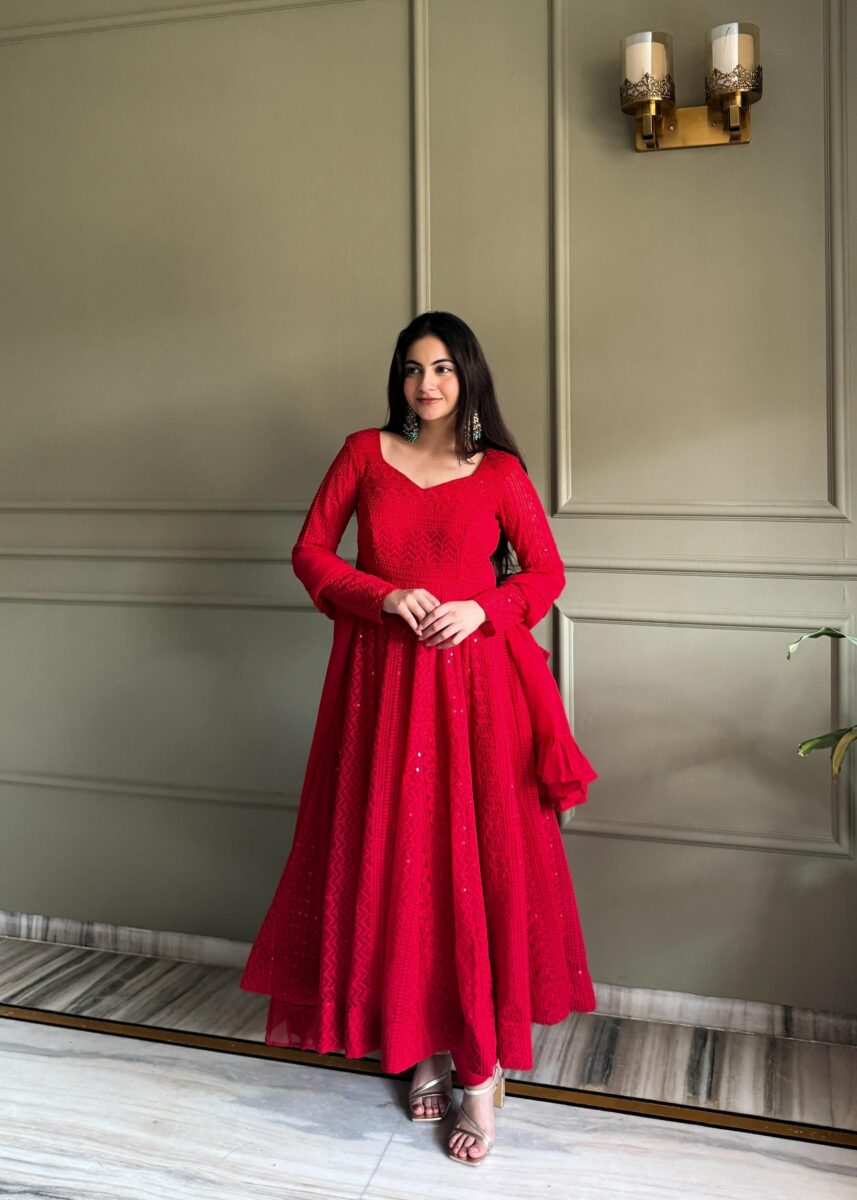 Red Elegant Lucknowi Georgette Anarkali Suit Set for women festive wear