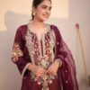Wine Chinon Silk Embroidered Kurta Set with Dupatta Festive & Party Wear for women festive wear