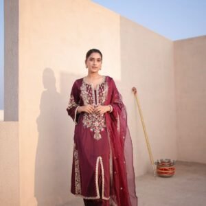 Wine Chinon Silk Embroidered Kurta Set with Dupatta Festive & Party Wear for women festive wear