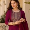 Wine Rayon slub Embroidered Kurta Set with Dupatta Elegant Festive Wear for women festive wear