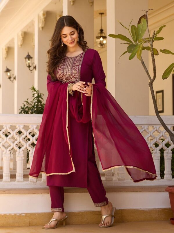 Wine Rayon slub Embroidered Kurta Set with Dupatta Elegant Festive Wear for women festive wear