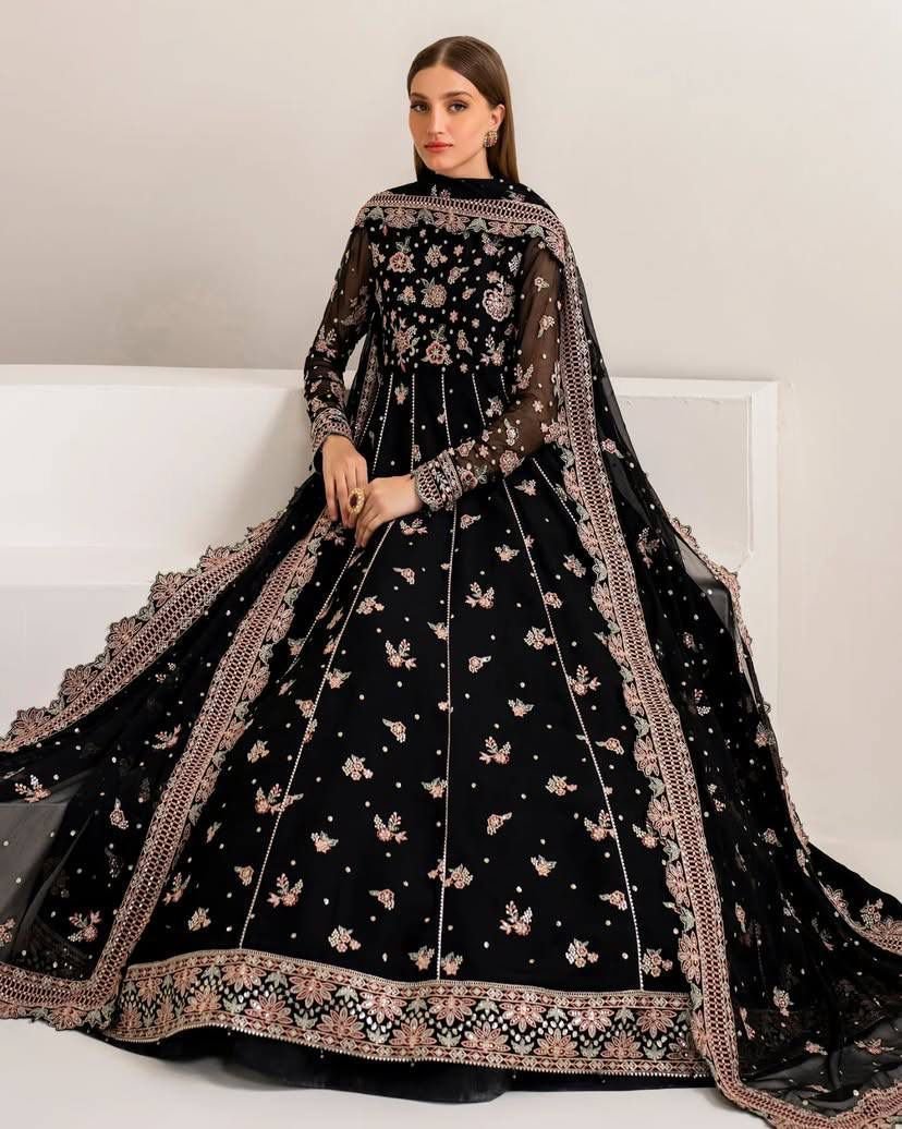 Home Black Embroidered Partywear Anarkali Gown for women festive wear
