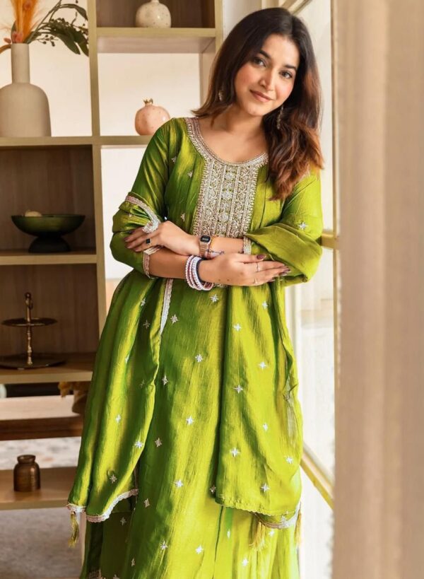 Vichitra Silk anarkali kurti pant Dupatta Set for women festive wear