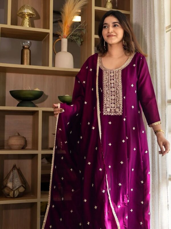 Vichitra Silk anarkali kurti pant Dupatta Set for women festive wear