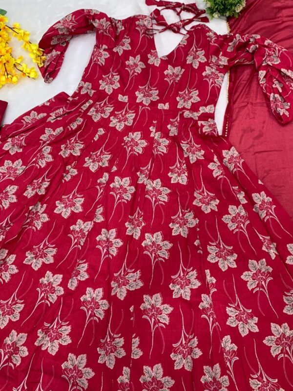 Red Floral Printed Anarkali Gown Set with Dupatta & Pant for women festive wear