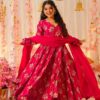 Red Floral Printed Anarkali Gown Set with Dupatta & Pant for women festive wear