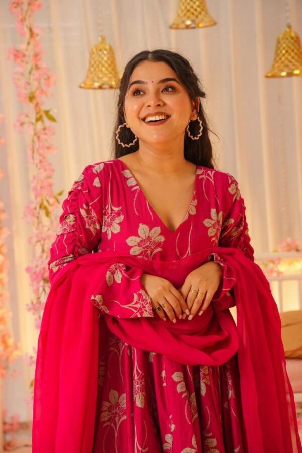 Red Floral Printed Anarkali Gown Set with Dupatta & Pant for women festive wear