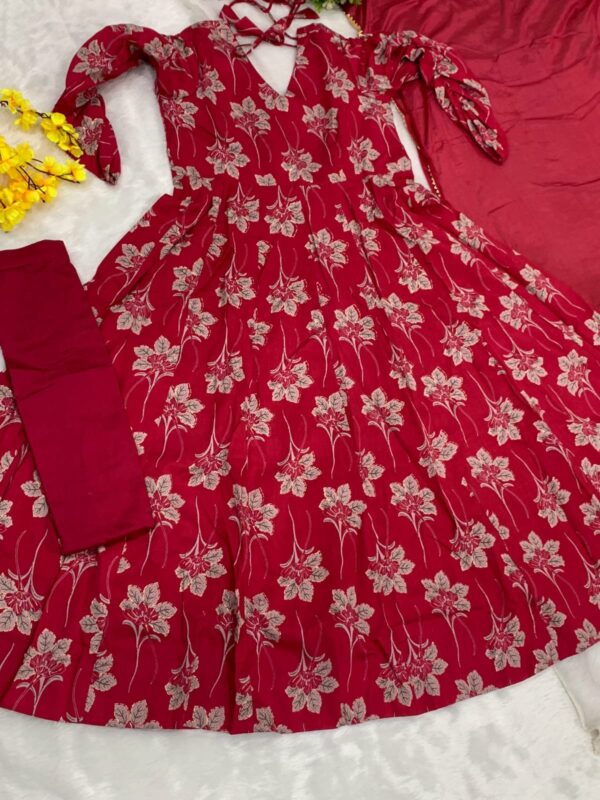 Red Floral Printed Anarkali Gown Set with Dupatta & Pant for women festive wear