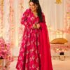 Red Floral Printed Anarkali Gown Set with Dupatta & Pant for women festive wear