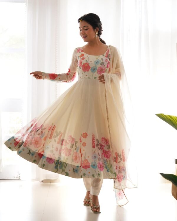 Black Floral Organza Anarkali Suit Set with Dupatta & Pant for women festive wear