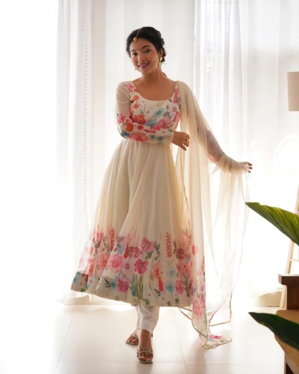 Black Floral Organza Anarkali Suit Set with Dupatta & Pant for women festive wear