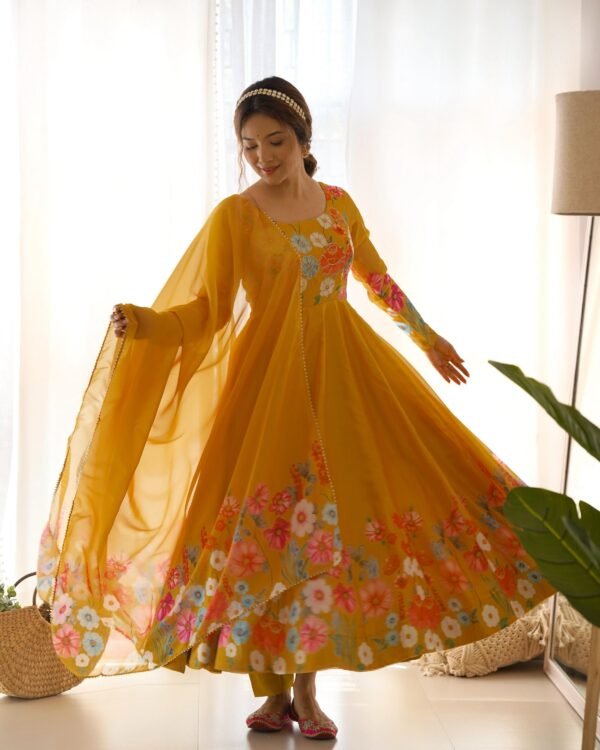 Black Floral Organza Anarkali Suit Set with Dupatta & Pant for women festive wear