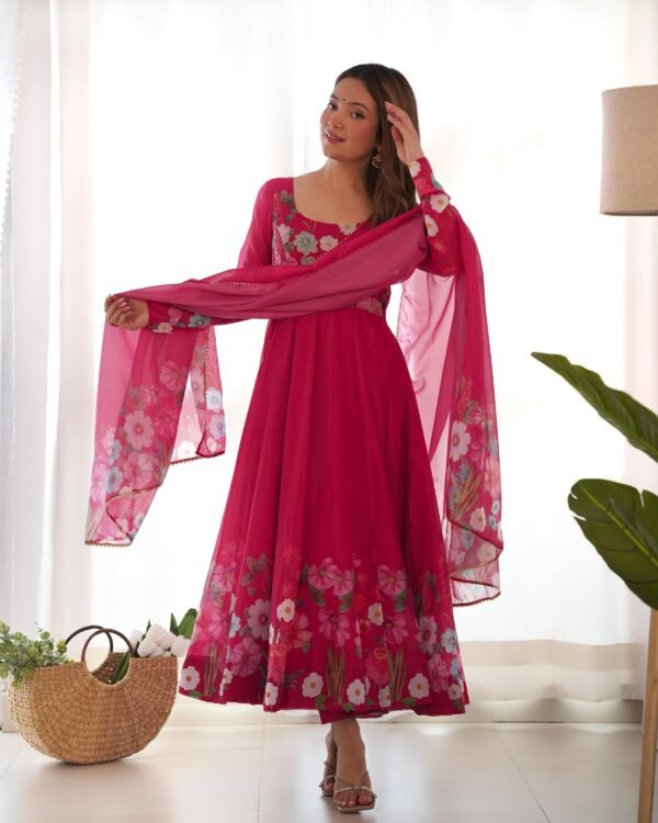 Black Floral Organza Anarkali Suit Set with Dupatta & Pant for women festive wear