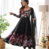 Black Floral Organza Anarkali Suit Set with Dupatta & Pant for women festive wear