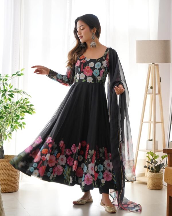 Black Floral Organza Anarkali Suit Set with Dupatta & Pant for women festive wear